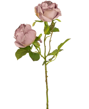 A single Artificial Rose Deluxe 55 cm purple stem with two dusty mauve roses and green leaves, against a plain white background.
