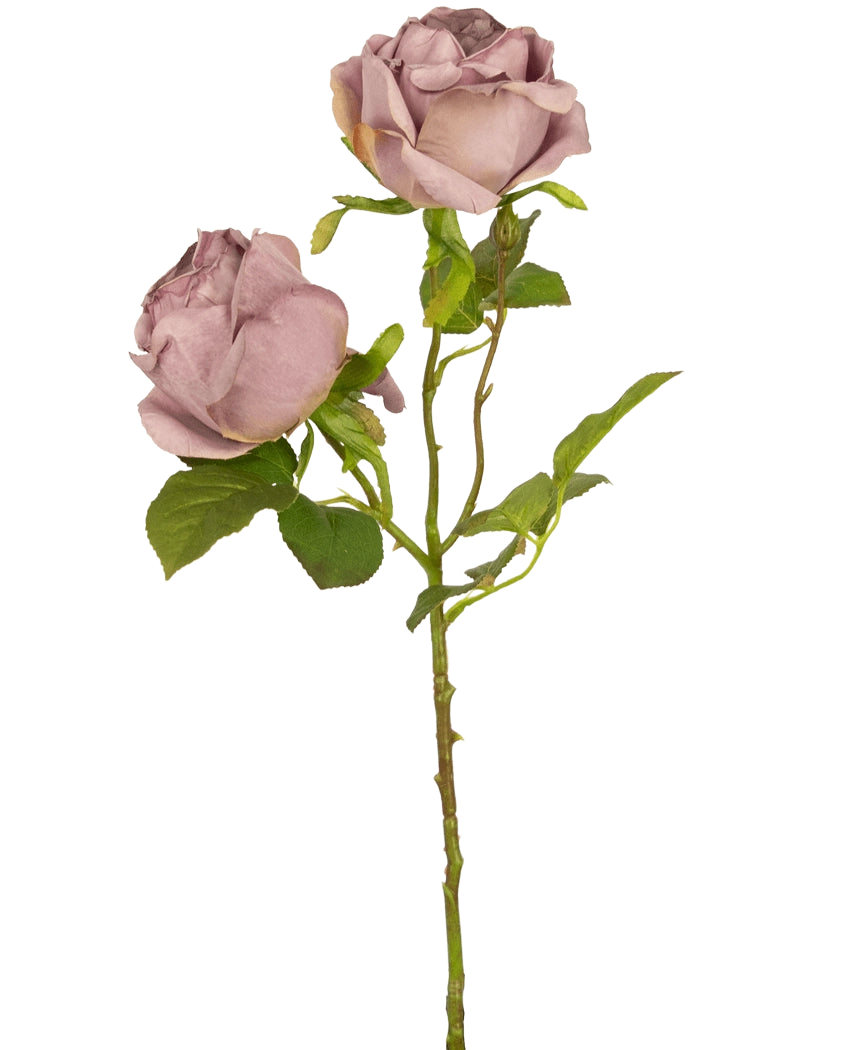 A single Artificial Rose Deluxe 55 cm purple stem with two dusty mauve roses and green leaves, against a plain white background.