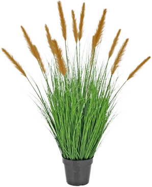 The Artificial Grass Plant Ostrich 100 cm fire retardant stands in a black pot with high, grass-like leaves and long brown plumes, which add green decoration against a plain white background.