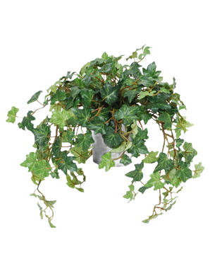 The Artificial Ivy Deluxe green in pot 40 cm UV has lush, green, heart-shaped leaves and long, winding tendrils that grow over the sides of the pot. Pictured against a plain white background.