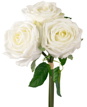A close-up of the Artificial Rose Bouquet Real Touch White 30cm shows three white artificial roses with green leaves on one stem, against a plain white background.