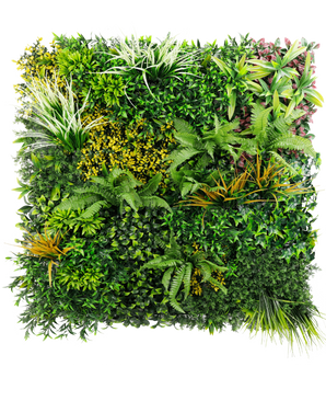 The Artificial Hedge Sherry 100x100 cm UV is a vibrant vertical garden panel featuring an array of lush green plants with textured foliage in green, yellow and red tones, all against a crisp white background.