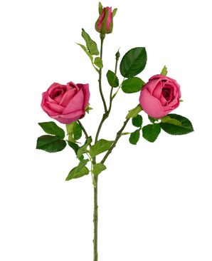 The Artificial Rose Branch Real Touch dark pink 72cm has a single green stem with two blooming dark pink roses, a rose bud at the top and several green leaves against a plain white background.