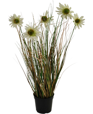 The Artificial Grass Chrysanthemum Onion Pot 60cm fire retardant has long, thin green and brown leaves with several high stems topped with white daisy-like flowers with a yellow heart.