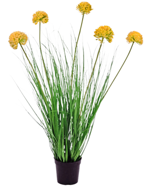 The Artificial Grass Plant Onion 70 cm fire retardant has long, thin green leaves and high stems with round yellow flower clusters, making it stand out beautifully against a white background.