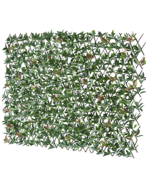 The Artificial Hedge Photonia Extendable 200x100 cm is a rectangular extendable fence with artificial green leaves and pink flowers, depicted against a white background.