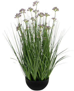 The Artificial Grass Leek Flower Onion Grass Pot 60cm fire retardant has tall, thin green grass-like leaves and delicate small purple flowers in a black pot, against a white background.