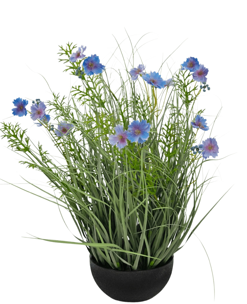 A black pot with Artificial Grass purple Gesang Flower onion grass pot 56cm fire retardant, with high green grass-like leaves and blue-purple flowers, against a plain white background.