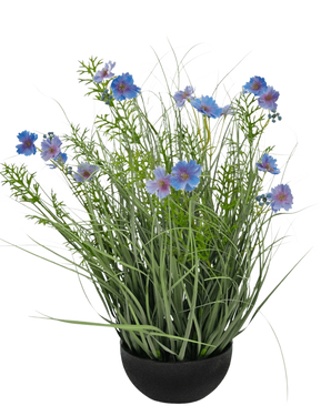 A black pot with Artificial Grass purple Gesang Flower onion grass pot 56cm fire retardant, with high green grass-like leaves and blue-purple flowers, against a plain white background.