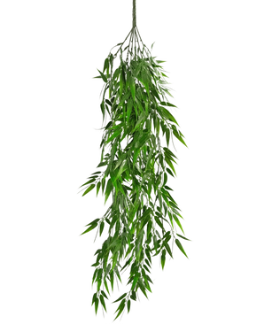 The Artificial hanging plant Bamboo UV 80 cm has long, slender green leaves that hang gracefully down from the stem, against a plain white background.
