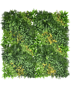 The Artificial Hedge Limerence 100x100 cm UV is a square vertical garden panel with dense green foliage and small yellow flowers, with varied leaf shapes and textures for a lush, vibrant look.