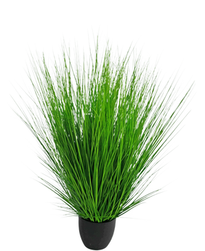 The Artificial Grass Plant Onion 110 cm fire retardant has long, thin, vibrant green blades that are close together in a small black pot, against a plain white background.