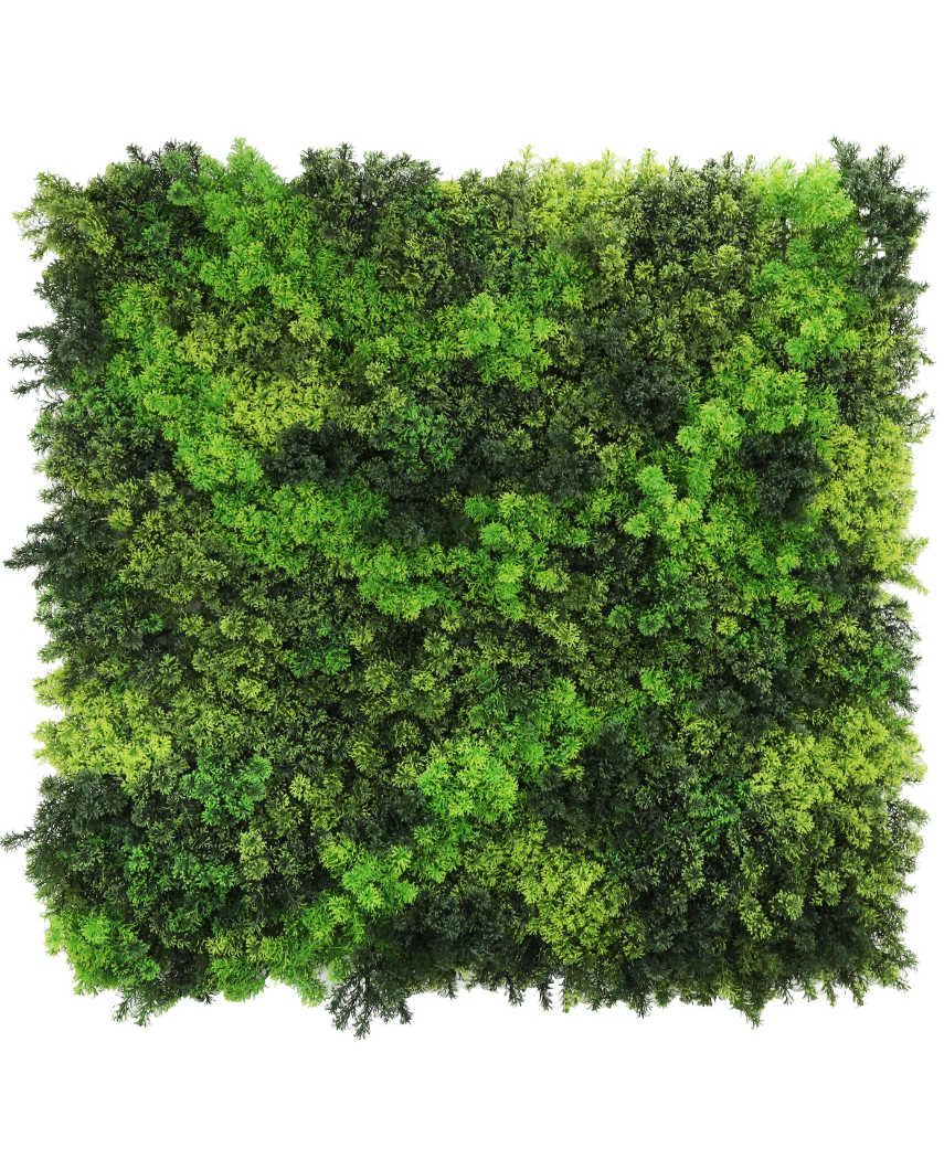 The Artificial Hedge Fairyland Moss 100x100 cm UV is a square panel with dense, vibrant green moss in various shades, providing a textured, natural look that is perfect against a white background.