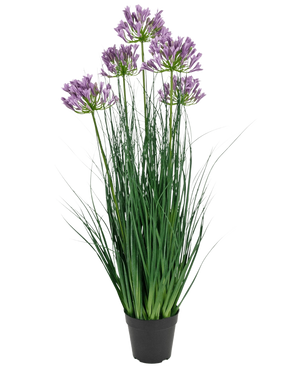 The Artificial Grass Purple Agapanthus Onion Grass Pot is a 90 cm tall, fire retardant artificial plant with long green leaves and bunches of purple flowers, displayed in a plain black pot against a white background.