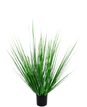 The Artificial Grass Plant Onion 90 cm fire retardant is an artificial grass plant in a pot with long, slender green blades in a compact black container, against a plain white background.