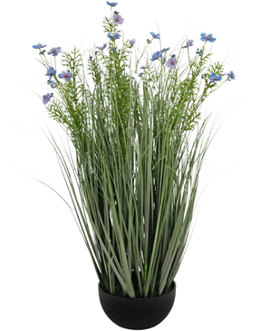 The Artificial Grass purple Gesang Flower onion grass pot (90cm, fire retardant) has tall, thin green artificial grass and delicate light purple flowers in a black pot, against a white background.