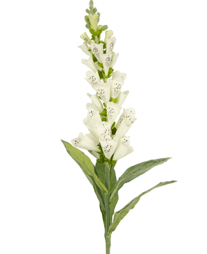 The Artificial Flower Foxglove 90 cm white has green leaves and white, spotted tubular blossoms - ideal for luxurious decoration or as a striking accent in an artificial flower bouquet.