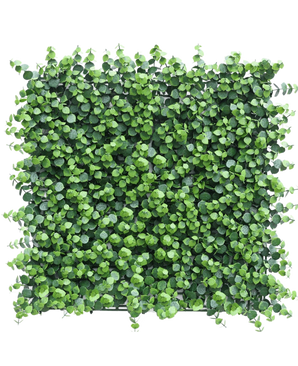 The Artificial Hedge Eucalyptus 50x50 cm UV is a dense, square art panel with green leaves in a grid design, which forms a stylish leaf wall against a plain white background.