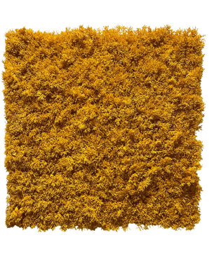 The Artificial Hedge Moss Yellow Fire Retardant 50x50 cm is a vibrant yellow, densely packed moss panel with uneven edges, depicted against a plain white background.