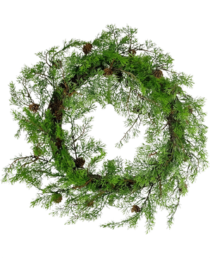 The Artificial Pine Wreath 50cm green is a round wreath made of green pine branches and small brown pine cones, arranged in a natural, rustic style against a white background.
