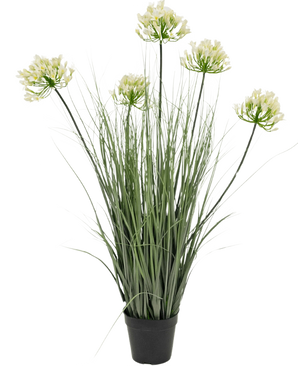 The Artificial grass white Agapanthus onion grass pot 90cm fire retardant is an artificial plant in a pot with high green leaves and six bunches of small, light yellow flowers on long stems, against a plain white background.