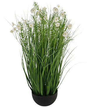 The Artificial Grass white Gesang Flower onion grass pot is a 90cm fire retardant artificial plant with long, thin green leaves and delicate white flowers in a round black pot, against a plain white background.