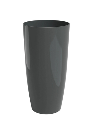 A tall, glossy Santorini Planter (Ø27cm x H40cm) in dark gray plastic stands upright on a plain white background.