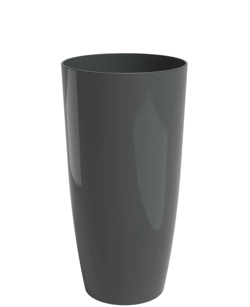 A tall, glossy Santorini Planter (Ø27cm x H40cm) in dark gray plastic stands upright on a plain white background.