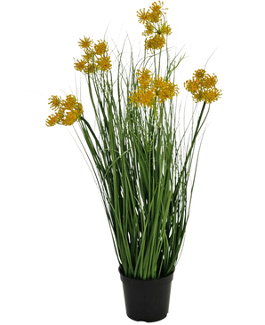 An Artificial Grass Root Flower Onion Grass Bonsai, 60cm tall and fire retardant, with thin green leaves and yellow flower clusters on long stems, against a plain white background.