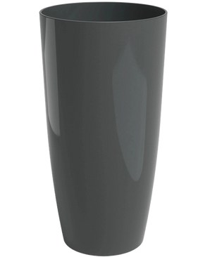 A tall, smooth, dark gray Santorini Planter (Ø33cm x H65cm) with a glossy surface stands upright against a plain white background.