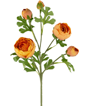 The Artificial Ranunculus Branch x5 Real Touch Orange 62cm features five vibrant orange Ranunculus in various stages, complemented by lush green, deeply lobed leaves on a single stem, against a white background.