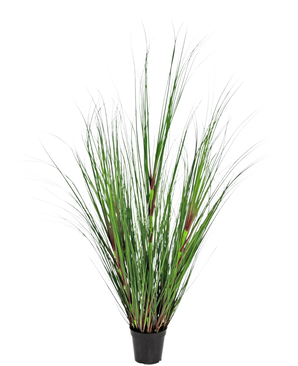The Artificial Grass Plant Onion 120 cm fire retardant has long, thin green blades with red-brown accents, presented in a pot against a plain white background.