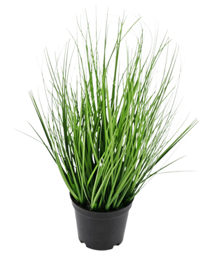 The Artificial Grass Plant Onion 33 cm (fire retardant) has long, thin, green grass-like leaves in a small black pot, against a plain white background.