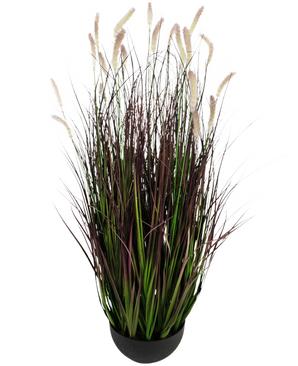 The Artificial Grass Caterpillar Onion Grass Bonsai is a 100 cm, flame-retardant artificial plant with long green and dark purple blades with soft, cream-colored plumes, depicted against a plain white background.