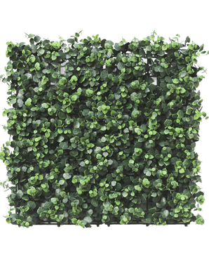The Artificial Hedge Eucalyptus 50x50 cm UV is a square panel with dense, small, round artificial eucalyptus leaves, densely packed for a vibrant and natural look, perfect for creating lush vertical gardens or decorative walls indoors or outdoors.