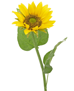 The Artificial Sunflower Deluxe 52 cm is an artificial sunflower with bright yellow petals, a dark brown heart and green leaves on a long stem, photographed against a plain white background.