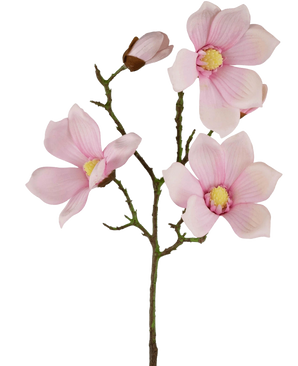 The Artificial Magnolia Real Touch Pink 72cm has several light pink magnolia flowers and buds with a yellow heart on green stems, against a plain white background.