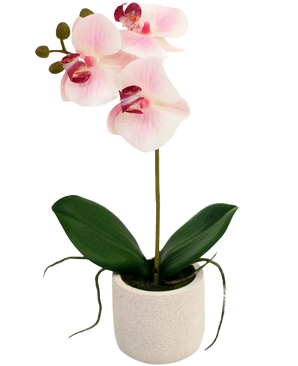 The Artificial Orchid Real Touch 30 cm pink/white has three light pink flowers and green leaves in a simple white pot, perfect to brighten up any room.