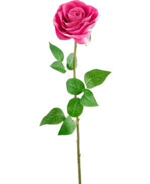 The Artificial Rose Real Touch 56 cm rose has a single pink artificial rose with lifelike green leaves on a long stem, against a plain white background.