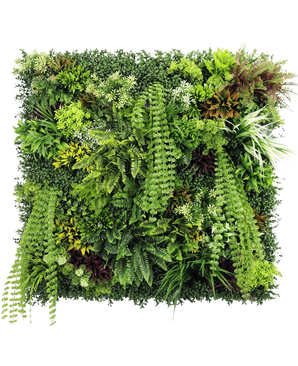 The Artificial Hedge Lush Deco Deluxe 100x100 cm UV is a square vertical garden panel featuring dense, textured greenery with a mix of foliage plants, ferns and grasses - perfect for creating a vibrant natural display against a white background.