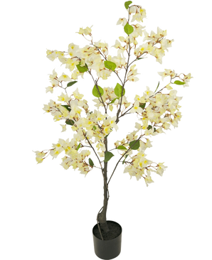 The Artificial Bougainvillea 120 cm white is an artificial tree in a pot with slender branches, green leaves and abundant light yellow and white flowers against a plain white background.