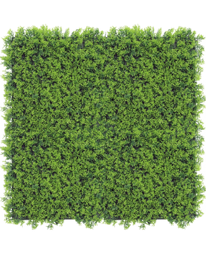 Artificial hedge Cupressus 50x50 cm UV: A dense, vibrant green artificial hedge panel viewed from above against a white background, ideal for creating realistic plant walls.