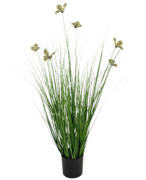 The Artificial Grass Butterfly Onion Grass Pot 90cm Fire Retardant has long, thin green artificial grass leaves and yellowish flowers on long stems, presented in a pot against a plain white background.