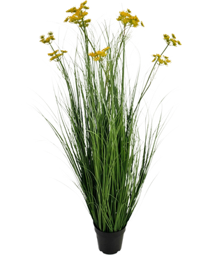 The Artificial Grass Root Flower Onion Grass Pot 120cm is a fire-retardant artificial plant in a pot with long green grass-like leaves and bunches of small yellow flowers, isolated on a white background.