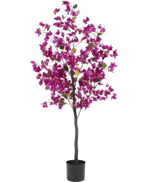 The Artificial Bougainvillea 150 cm Purple has a tall, slender stem with vibrant purple flowers and green leaves, in a simple black pot against a white background.