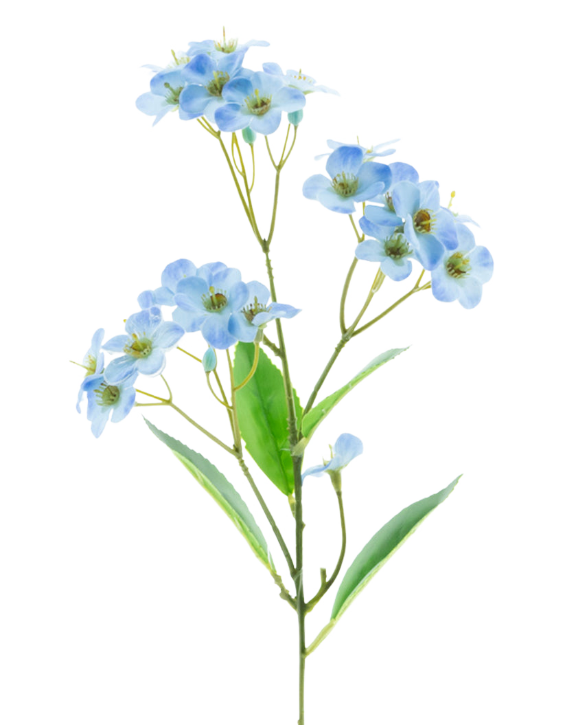 An Artificial Flower Orchid Real Touch Blue 50 cm with bunches of delicate light blue flowers and some green leaves stands against a plain white background.