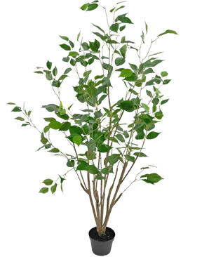 The Artificial Plant Ficus 120 cm is a tall artificial plant in a pot with multiple slender brown stems and lush green leaves, in a compact black pot against a plain white background.