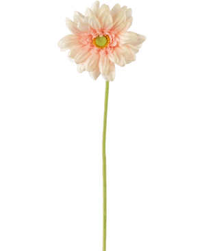 The Artificial Flower Gerbera mini 47 cm soft pink is an artificial light pink daisy with soft, layered petals and a yellow heart on a long green stem, against a plain white background.