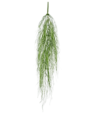 The Artificial hanging plant Kelp grass 91 cm has a single stem of fluffy green artificial foliage with long, thin leaves that fall gracefully against a plain white background.