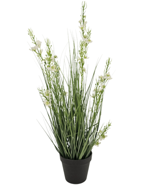 The Artificial Grass Millet Onion grass pot 65cm fire retardant has high, slender green grass-like leaves and several stems with small white flowers in a black pot, against a plain white background.